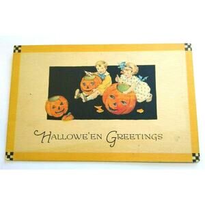 Halloween Postcard Gibson Checkered Corners Children With Knives Unused Fantasy